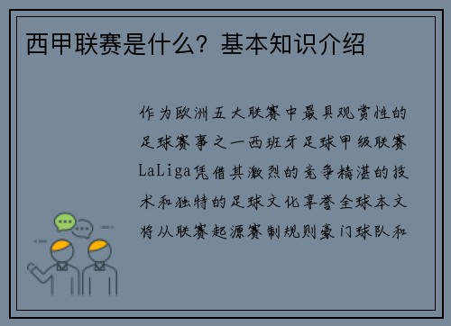 西甲联赛是什么？基本知识介绍