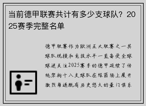 当前德甲联赛共计有多少支球队？2025赛季完整名单