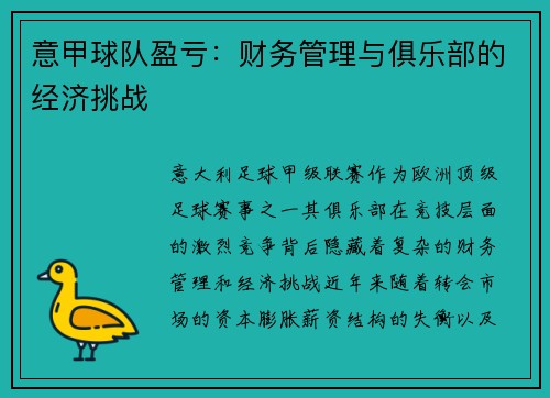 意甲球队盈亏：财务管理与俱乐部的经济挑战