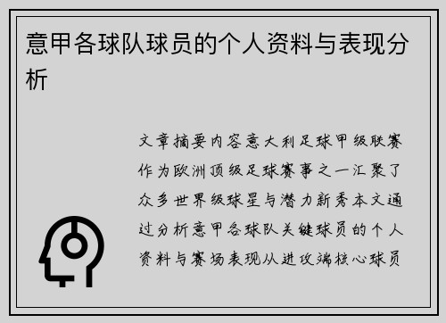 意甲各球队球员的个人资料与表现分析